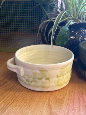 Hilborn Pottery Small Serving Bowl with Handle, Fern Motif, Vintage Circa 1990s